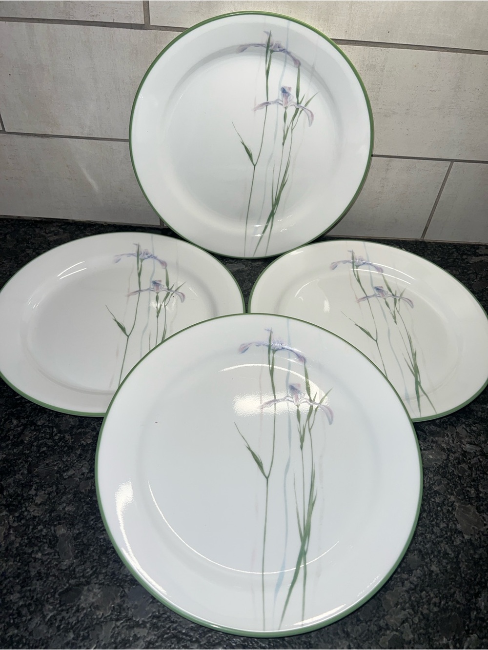 SHADOW IRIS Corelle 9” Dinner or Luncheon Plates. Purple and green Set of 4